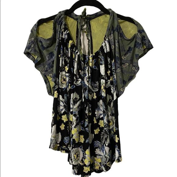 Free people Women's Baja Babe Blouse Boho Flowers Tie Back Cold Shoulder Top - Picture 2 of 5